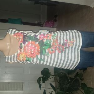 NWT Jet Set L green stripes tank artsy embellished floral display lace back